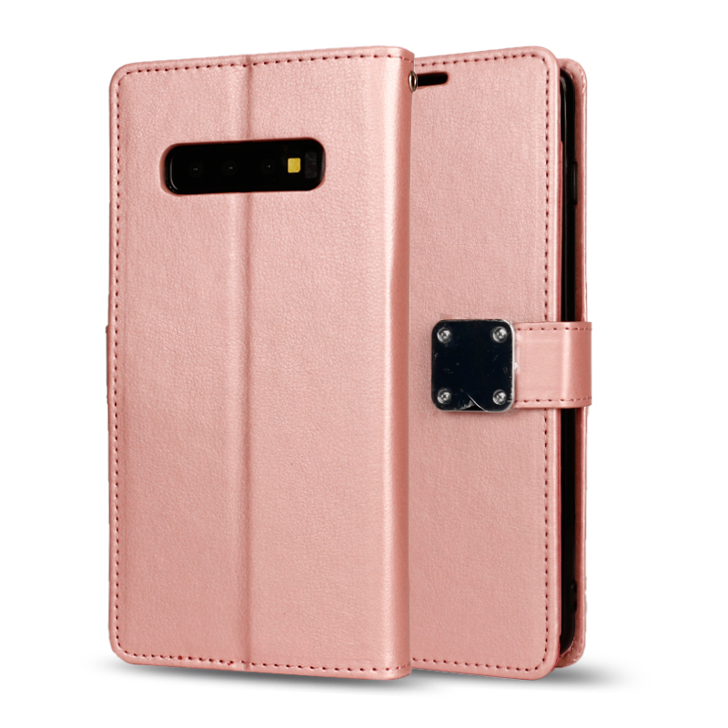 Galaxy S10+ (Plus) Multi Pockets Folio Flip Leather Wallet Case with Strap (Rose Gold)